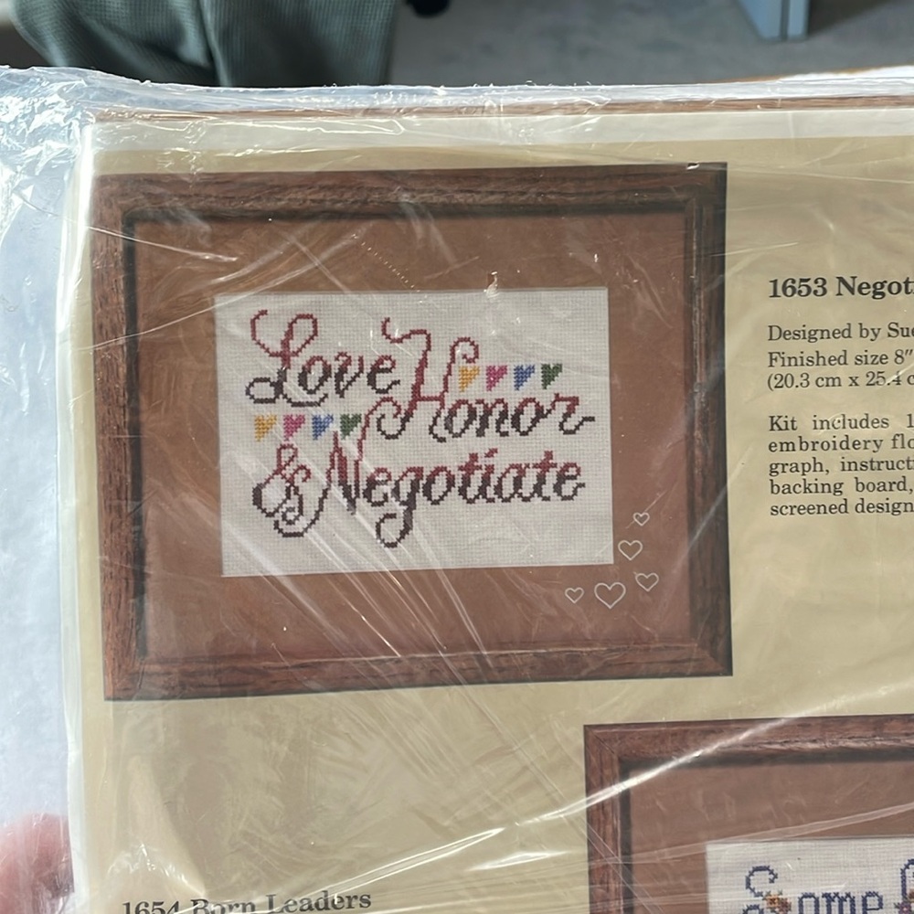 1988 cross-stitch kit: Creative Circle 1653 Love, Honor & Negotiate